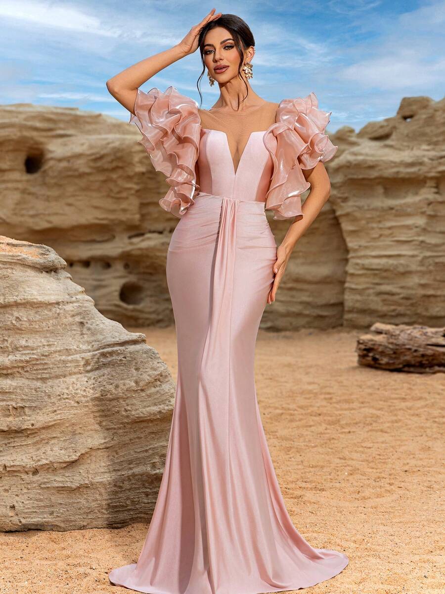 Pink Party Dress With Ruffled Detail, Fitted Tailored Engagement Dress - Baby Pink - View 1