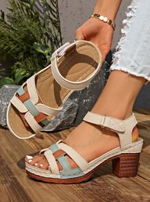 Women's Fashion High Heel Sandals, Color Block Patchwork Upper, Stylish & Elegant Holiday Vibes, Massage Insole, Adjustable Strap, Non-Slip Chunky Heel High Heel Sandals