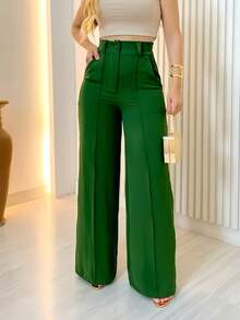 Women's Wide Leg Pants With Zipper And Button In Duna Fabric - 軍綠色 - 查看 1