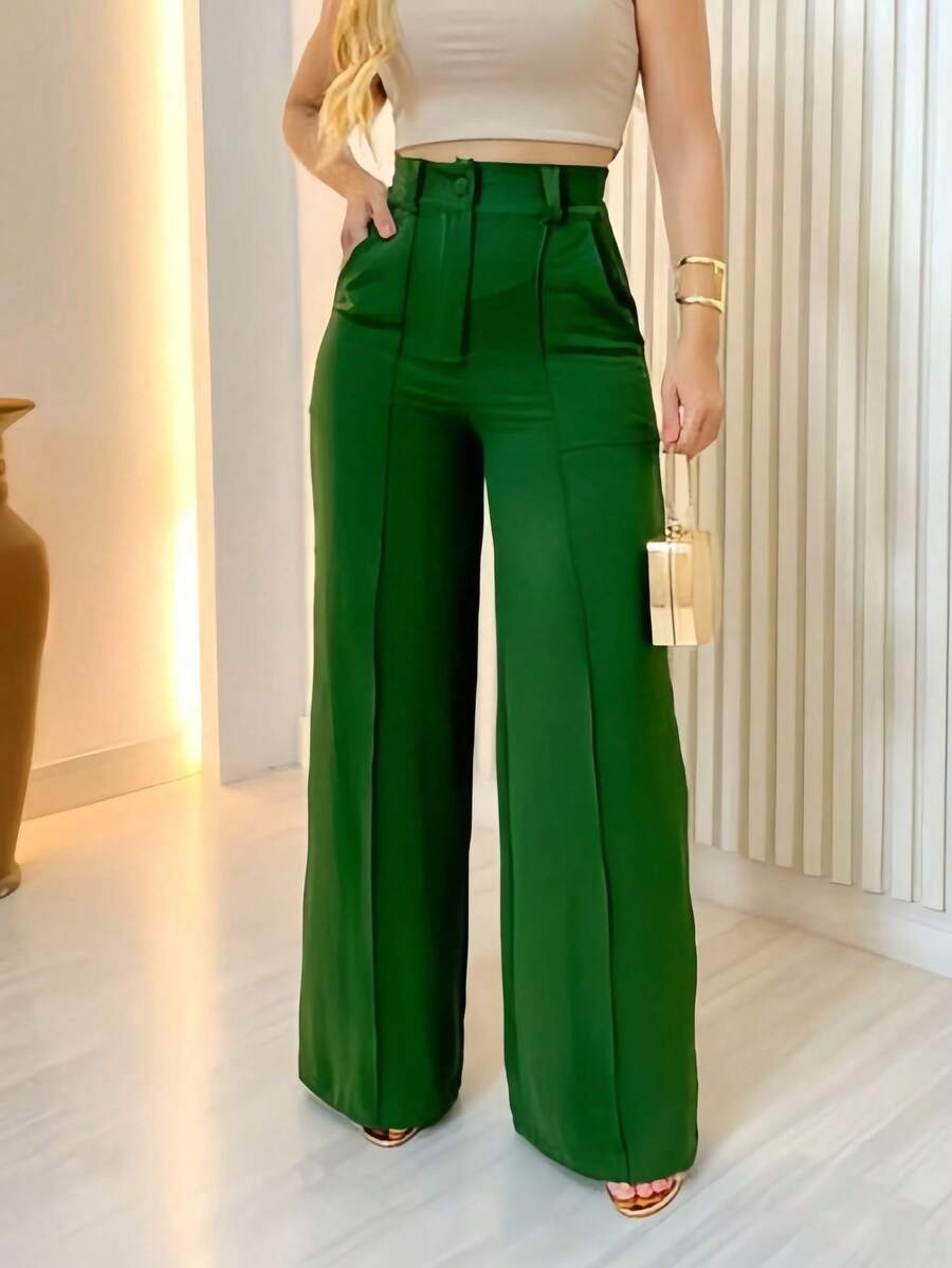 Women's Wide Leg Pants With Zipper And Button In Duna Fabric - 軍綠色 - 查看 1