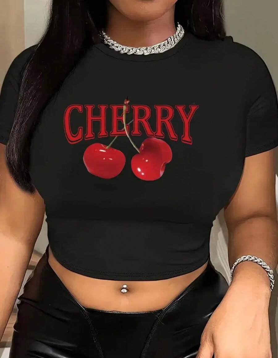 Playera Deportiva Con Estampado De cherry, Corte Casual, Cuello Redondo, Mangas Cortas, Ideal Para Correr, Ropa Deportiva Para Mujer - Negro - Ver 1