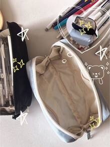 Pencil Case, Solid Color Pencil Box Black/Blue, Multi-Layer Stationery Bag, Student Stationery Storage Bag,Back To School,School Supplies,Pencil Pouch,School Bag