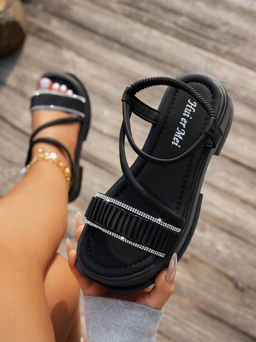 2025 Spring Summer New Fashion Women Thick Sole Wedge Heel Classic Elastic Strap Roman Sandals, Open Toe Shiny Rivet Platform Beach Slippers For Ladies - Black - View 1