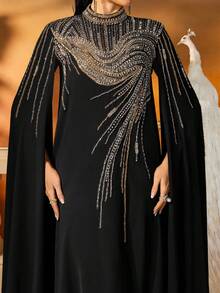 AmazingHoney Váy Kaftan Cape thêu màu đen thanh lịch dành cho phụ nữ, váy Dubai Jalabiya dáng rộng có chi tiết đính cườm sequin, Abaya Ramadan, trang phục dạ hội của người Hồi giáo, váy kín đáo, thời trang Hồi giáo, phong cách Dubai, Abaya dự tiệc, váy dài tay - màu đen - Xem 9