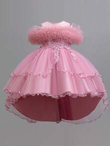 Elegant Young Girl's Lace Embroidery Princess Dress, Puffy Tulle Party Gown With Short Front And Long Back For Teenagers - Dusty Pink - View 4