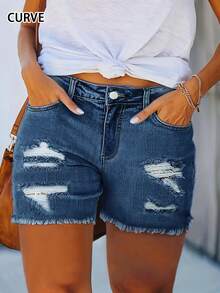 Summer Casual Streetwear High-Stretch Skinny Plus-Size Women's Denim Shorts With Ripped Details, Frayed Edges, And Pockets - 深色水洗藍 - 查看 1
