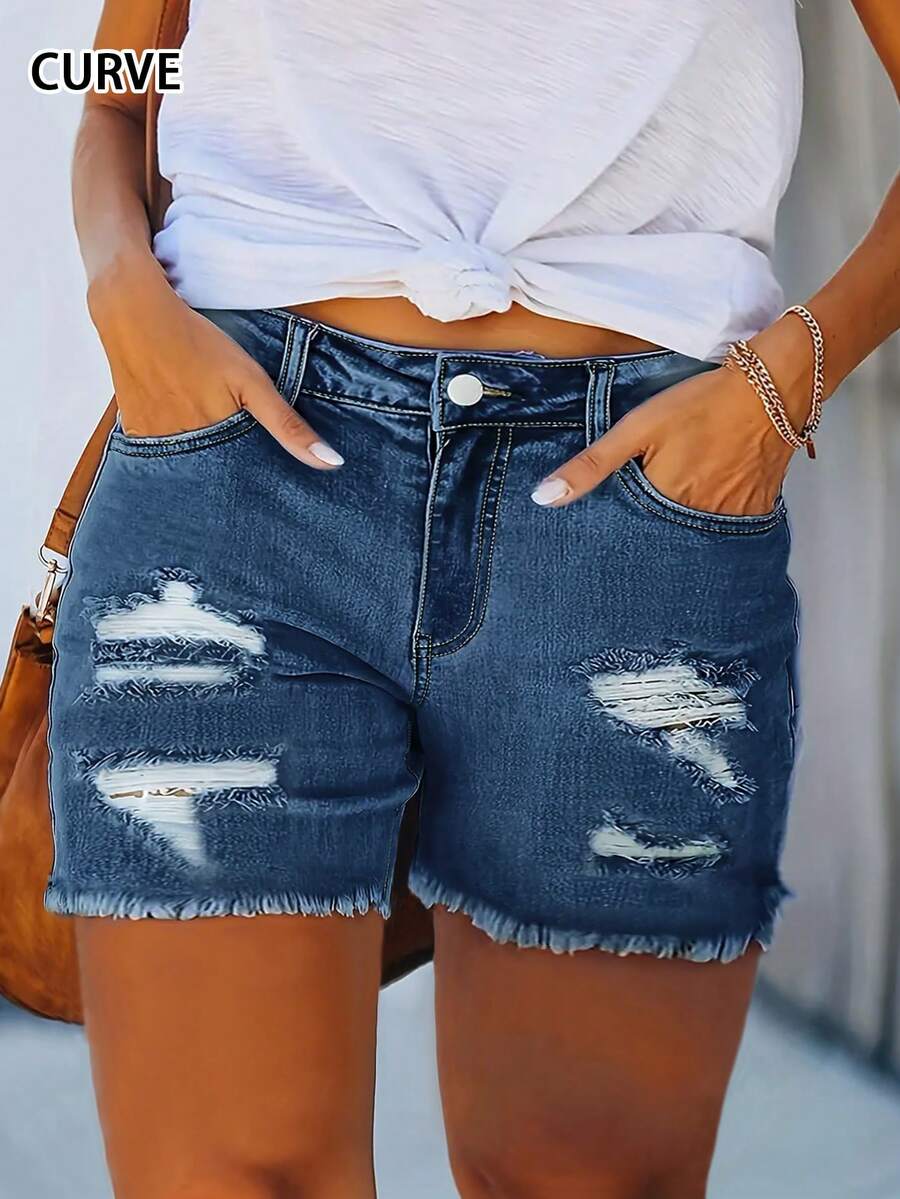 Summer Casual Streetwear High-Stretch Skinny Plus-Size Women's Denim Shorts With Ripped Details, Frayed Edges, And Pockets - 深色水洗藍 - 查看 1