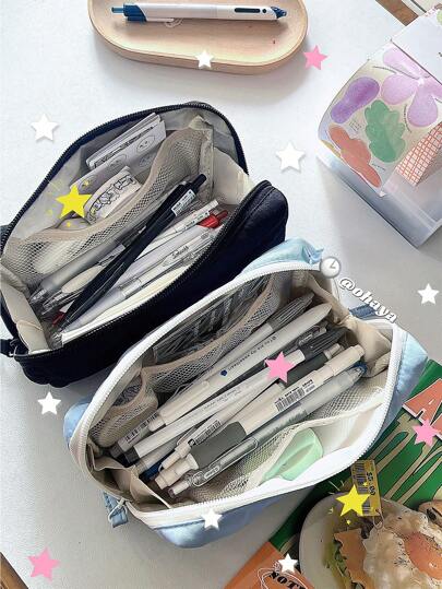 Estojo para lápis, estojo de lápis de cor sólida preto/azul, bolsa de papelaria multicamadas, bolsa para guardar material de papelaria para estudantes, volta às aulas, material escolar, estojo para lápis, mochila escolar