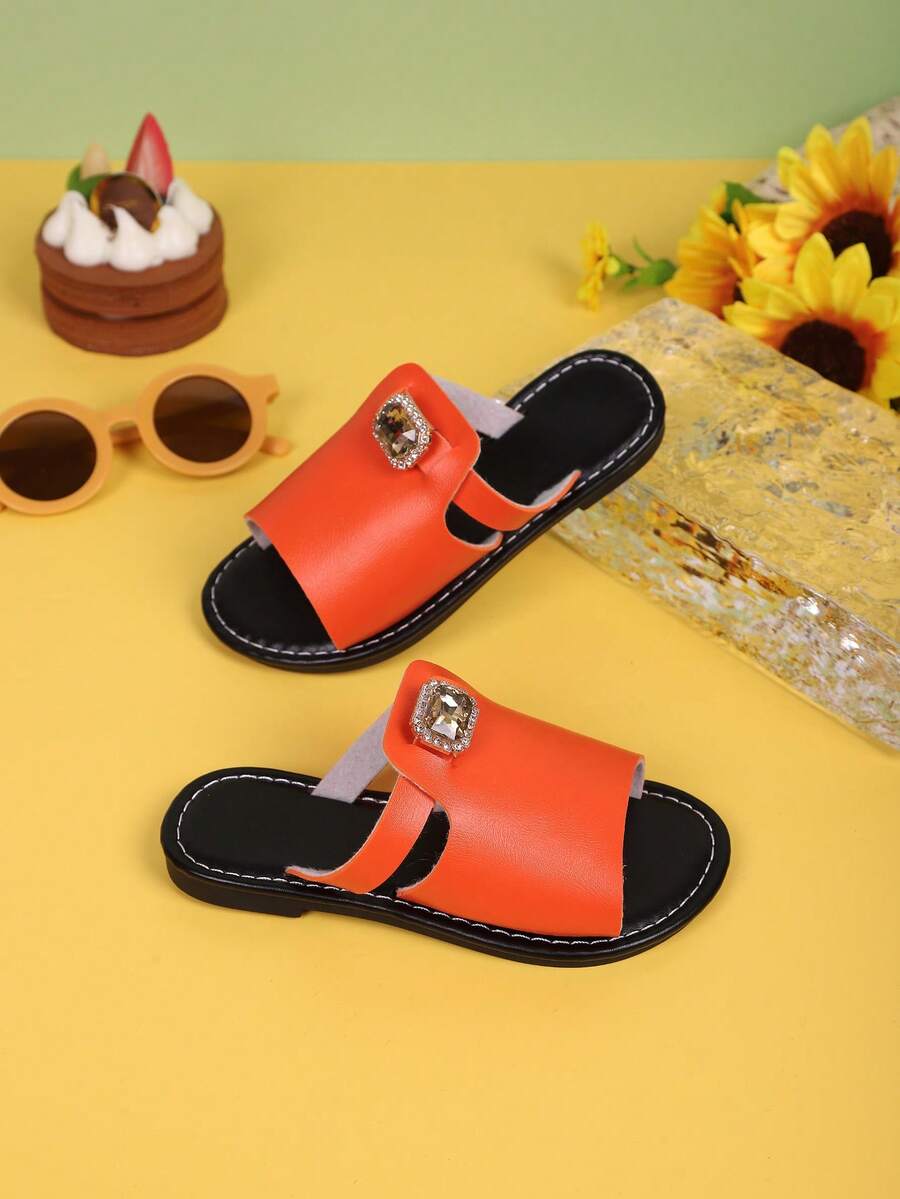 Children's Fashionable Slippers Summer New Style With Rhinestone Bag, Exposed Toe, Anti Slip Design, Stylish And Versatile Beach Slippers - Orange - View 1
