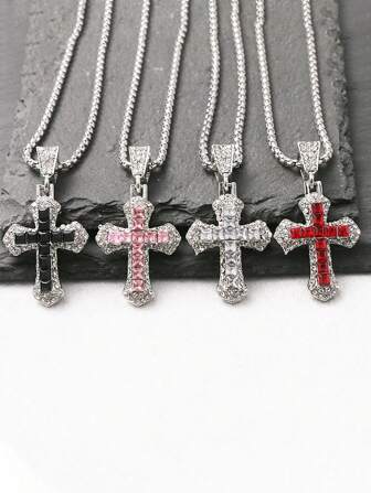 1pc Fashionable Micro-Inlaid Cross Pendant Necklace, Suitable For Everyday Wear, European And American Jewelry, Simple And Elegant Cross Design Necklace, Christmas, Valentine's Day, New Year Gift