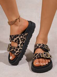 Women Buckle Decor PU Flat Sandals, Black, Leopard Print, Color Block, Platform Fashion Shoes, Beach Slide