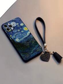 1pc Precision Hole Edged Van Gogh Blue Sky Painting Thick Shockproof Painted Phone Case With New Leather Heart Wrist Strap DIY Phone Case Pendant Tassel Wristband Charm Accessory Compatible With IPhone 17pro/17Air /17/17promax16/11/16pro/16plus/16promax/16e/15Promax/13/14/12/XS/XR/7G/8P, Galaxy, Redmi - Multicolor - View 5
