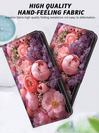GLANDOTU For Galaxy Creative Colourful PU Leather Mobile Phone Wallet With Pink Flower Design, Double Folded Edge, Card Slot And Card Holder With Lanyard