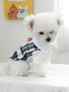 PETCIRCLE 1件寵物衣服 狗貓服裝套裝 比熊泰迪小型犬幼犬可愛寵物 春秋拍照禮服 藍色格紋燕尾服 - 彩色 - 查看 5