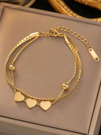 1 pieza Pulsera de acero inoxidable de moda con diseño de corazón de doble capa