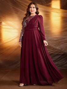 Plus Size Jeweled Embroidered Ruffle Trim Maxi Formal Dress, Elegant Long Sleeve Round Neck Solid Color Gown Spring Vacation - Burgundy - View 4
