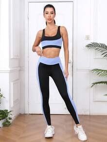 Women's Fashion Contrast Color Round Neck Sports Bra And Knitted Leggings 2 Pieces Set - Multicolor - View 2
