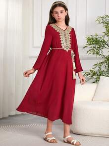 Tween Girls' Embroidered Patchwork Long Sleeve Belted Dress - Burgundy - View 5