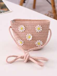 [迷你尺寸] 1 件女孩夏季花卉编织斜挎包，适合日常和度假使用