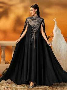 AmazingHoney Váy Kaftan Cape thêu màu đen thanh lịch dành cho phụ nữ, váy Dubai Jalabiya dáng rộng có chi tiết đính cườm sequin, Abaya Ramadan, trang phục dạ hội của người Hồi giáo, váy kín đáo, thời trang Hồi giáo, phong cách Dubai, Abaya dự tiệc, váy dài tay - màu đen - Xem 3