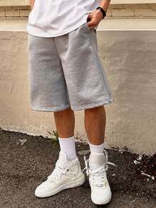 2 piezas Pantalones cortos tipo bermuda para niños preadolescentes, de un solo color, informal, para calle y uso diario, de estilo sencillo