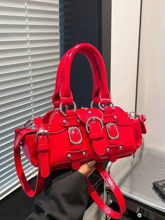 1 件漆皮多口袋手提包，带腰带装饰，摩托车风格，时尚百搭的女士单肩包和斜挎包，适合日常通勤