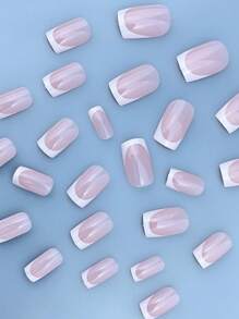 24pcs Short Square White French Nail Tips, Suitable For Women And Girls