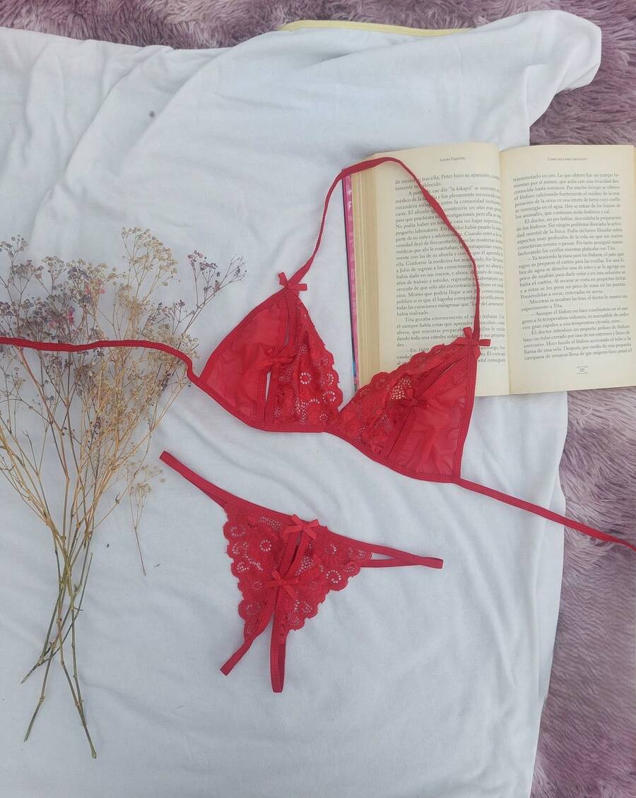 Lenceria sexy para mujer con aberturas, conjunto de lenceria para dama atrevido, conjunto de lenceria de encaje y transparente - Rojo - Ver 1