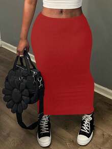 Women's Solid Color Long Skirt, Slim Fit, American Chic Style - Rượu vang đỏ - Xem 1