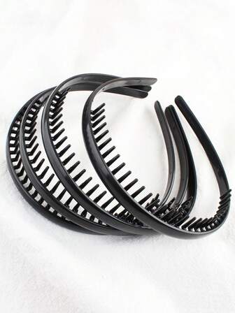 4pcs Resin Black Non-Slip Plastic Headbands With Teeth, Simple Headwear For Women, Adult Bangs Hair Clips Hair Accessories ,Hair Band