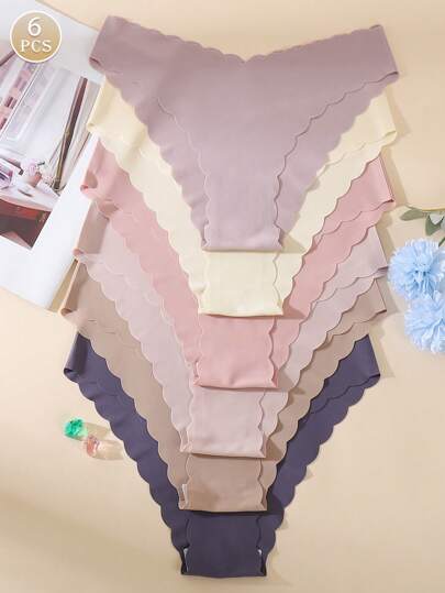 6pcs/Set Women Wavy Edge Solid Color Silky Triangle Panties, Sexy & Breathable