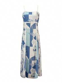 Women Summer Sleeveless Dress Casual Vintage Floral Print Tie Back A-Line Party Dress For Vacation Beach Streetwear - 藍色 - 查看 5