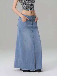 Women's Mid Waist Denim Skirt Solid Color Long A-Line Skirt With Pockets - 淺藍色 - 查看 4