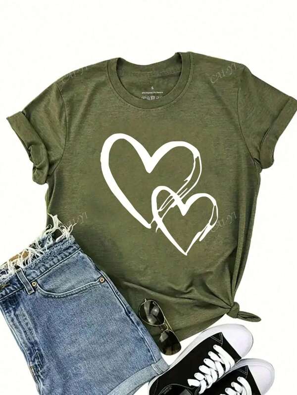 Maglietta verde militare casual a maniche corte da donna con scollo rotondo e cuori