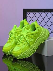 Zapatillas deportivas con suela gruesa y estilo casual, cómodas y con efecto elevador, en color verde fluorescente para hombres. Estilo retro athflow ideal para el día a día y como regalo. - Verde - Ver 4