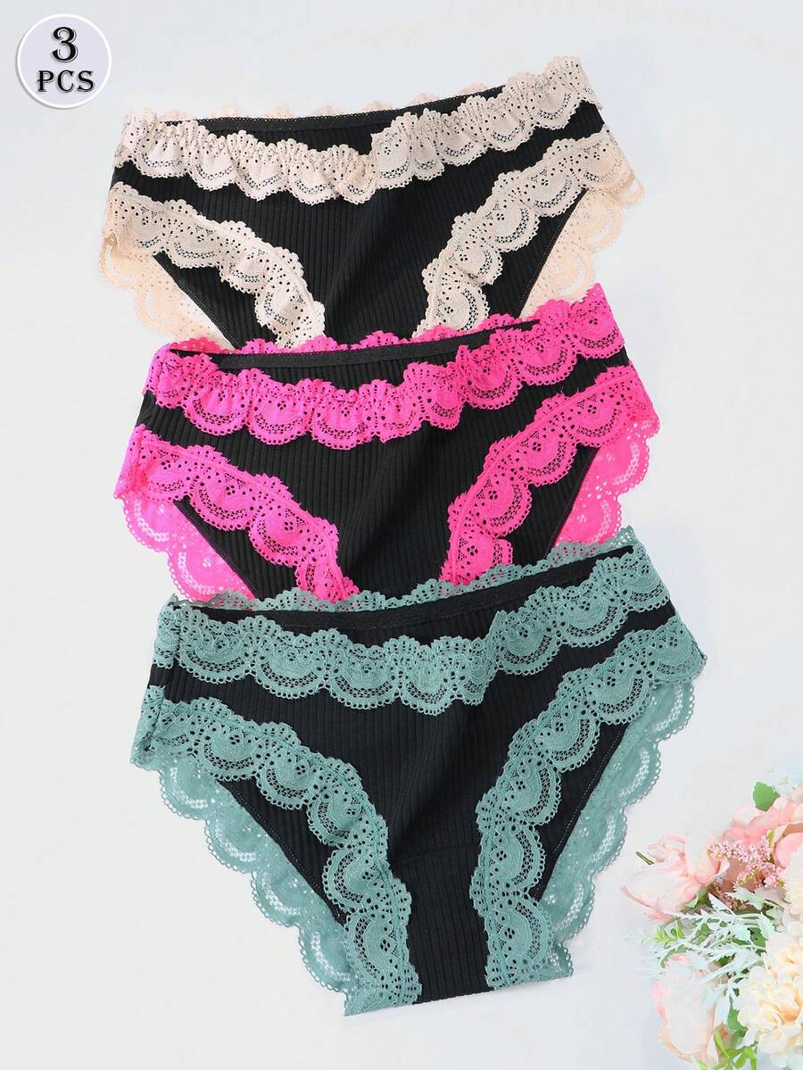 3Pcs/Set Women's Sexy Lace Cotton Underwear Briefs Soft Breathable Panties For Woman - Multicolor - View 1