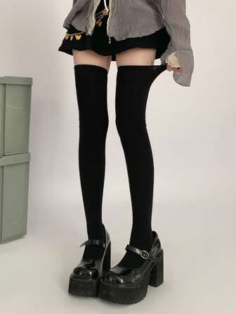 Plain Color Warm Over-The-Knee Thigh High Socks For Autumn/Winter, Cozy
