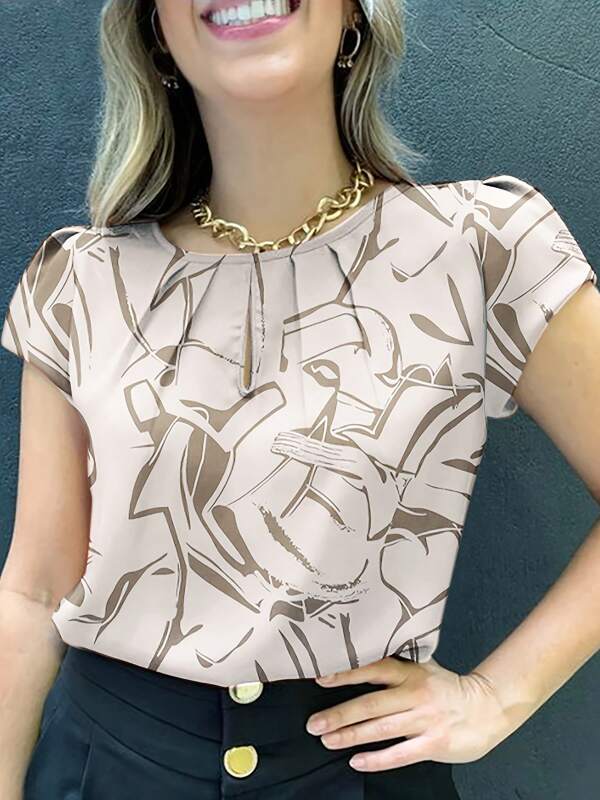 Abstract Print Round Neck Blouse, Vintage Short Sleeve Pleated Shirt, Women