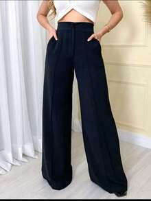 Women's Wide Leg Pants With Zipper And Button In Duna Fabric - 黑色 - 查看 1