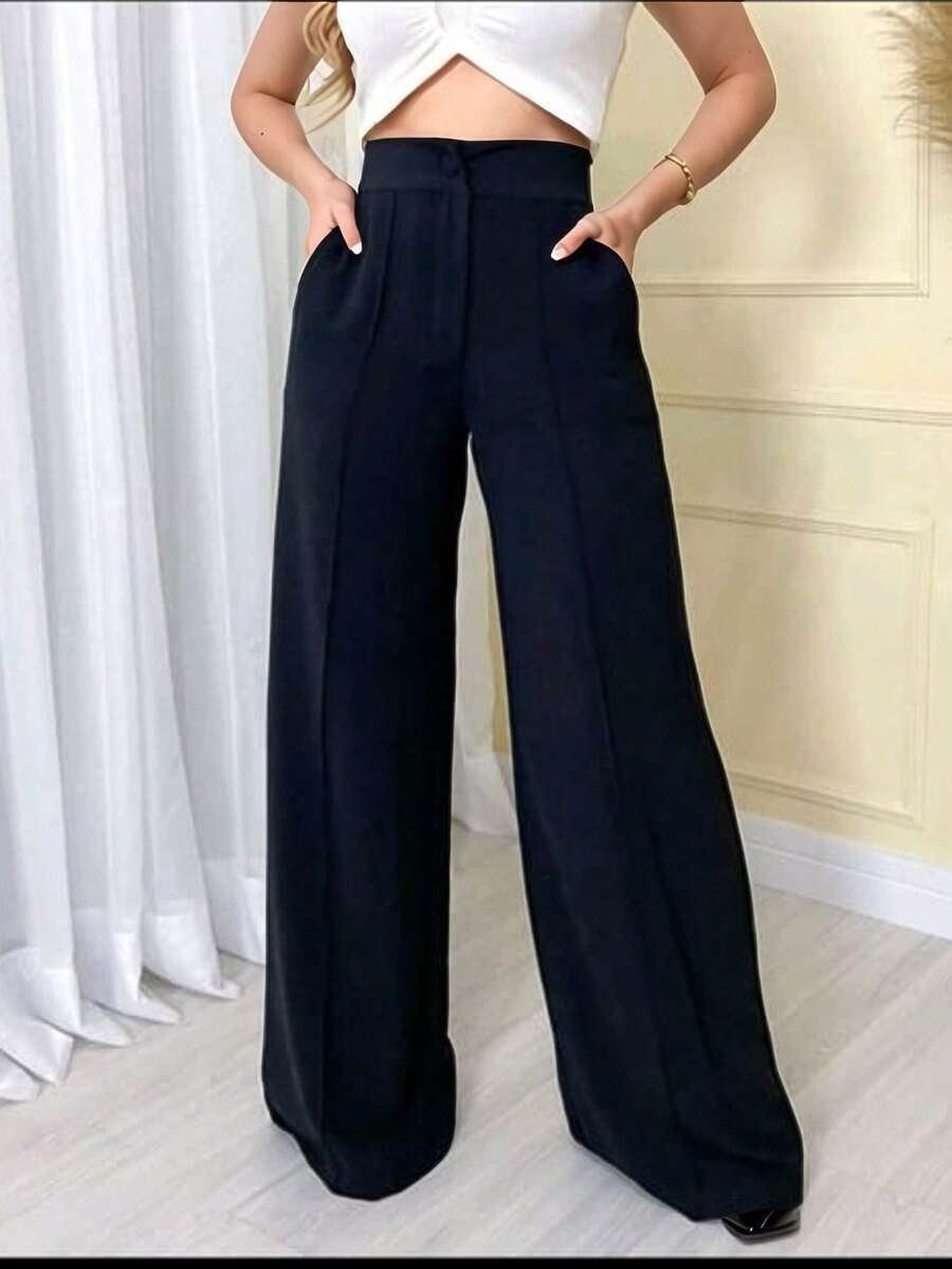 Women's Wide Leg Pants With Zipper And Button In Duna Fabric - 黑色 - 查看 1