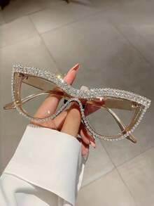 1pc Women's Cat Eye Shape Clear Glasses With Rhinestone Studded Frame Glasses Accessories For Women - Brown - View 8