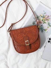 Bolso cruzado con estampado de flores en relieve para mujer, bolso de hombro vintage tipo silla de montar, bolso bandolera de mujer de piel sintética PU con diseño lindo para teléfono celular, bolso básico y versátil para uso diario, perfecto para eventos tipo rodeo
