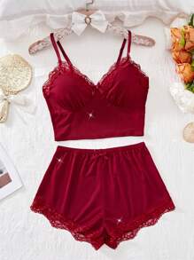 Nuevo conjunto de lencería y ropa interior sexy para mujer de 2 piezas, conjunto de lencería con contraste floral y encaje, top con cuello en V de unicolor con moño y shorts