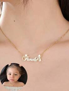 1pc Personalized Children Luxury Crown & Butterfly Monogram Name Stainless Steel Necklace,Customized For Delicate Gift For Kids,Gold Color Customized Jewelry Gift