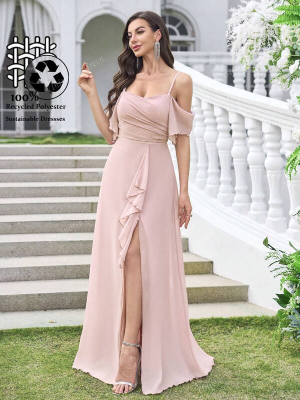UNITHORSE UNITHORSE Spaghetti-Träger-Kleid aus Stoff, mit Kurzarm, taillierend, schlank geschnittener Saum mit Spitzeneinsatz, elegantes bodenlangen Hochzeitskleid, Brautjungfernkleid