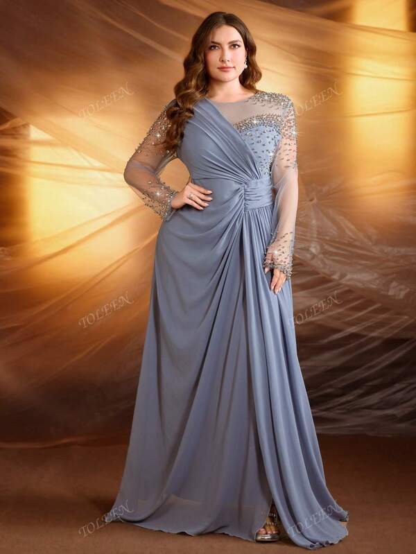 Plus Size Round Neck Solid Color Pearl & Rhinestone Embellished Long Sleeve Pleated Mesh Sleeve Detail Formal Dress