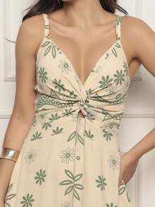 Women's Long Dress In Dune Fabric Print - Beige - View 5