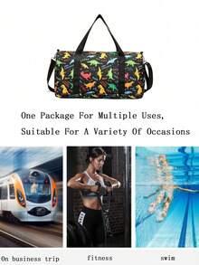 1pc Cartoon Pattern Casual Travel Bag, Large Capacity Yoga Swim Gym Sports Tote Bag With Dry/Wet Separation - Dinosaur Black - View 5