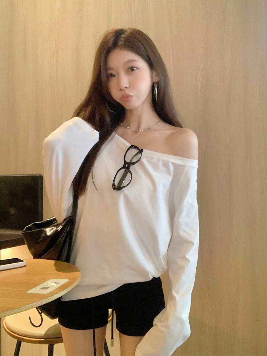 宽松百搭露肩长袖 T 恤，休闲优雅上衣，春夏 - 白色 - 查看 1