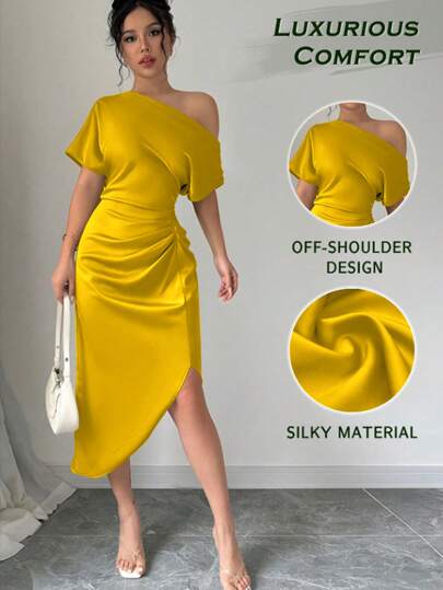 Women Solid Color Asymmetrical Shoulder Short Sleeve Casual Mid-Length Dress, Party Dress, Wedding Guest Dress